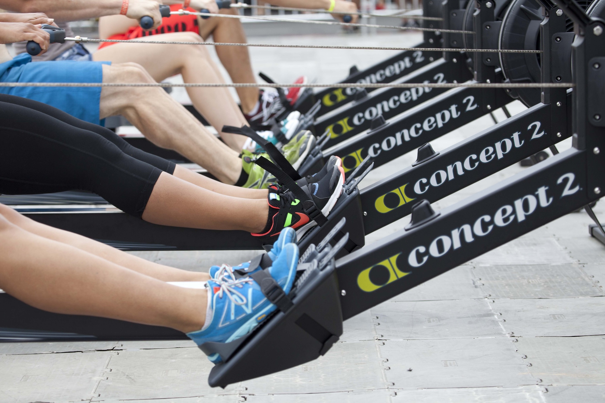 Group rowing class, focussing on foot stretchers