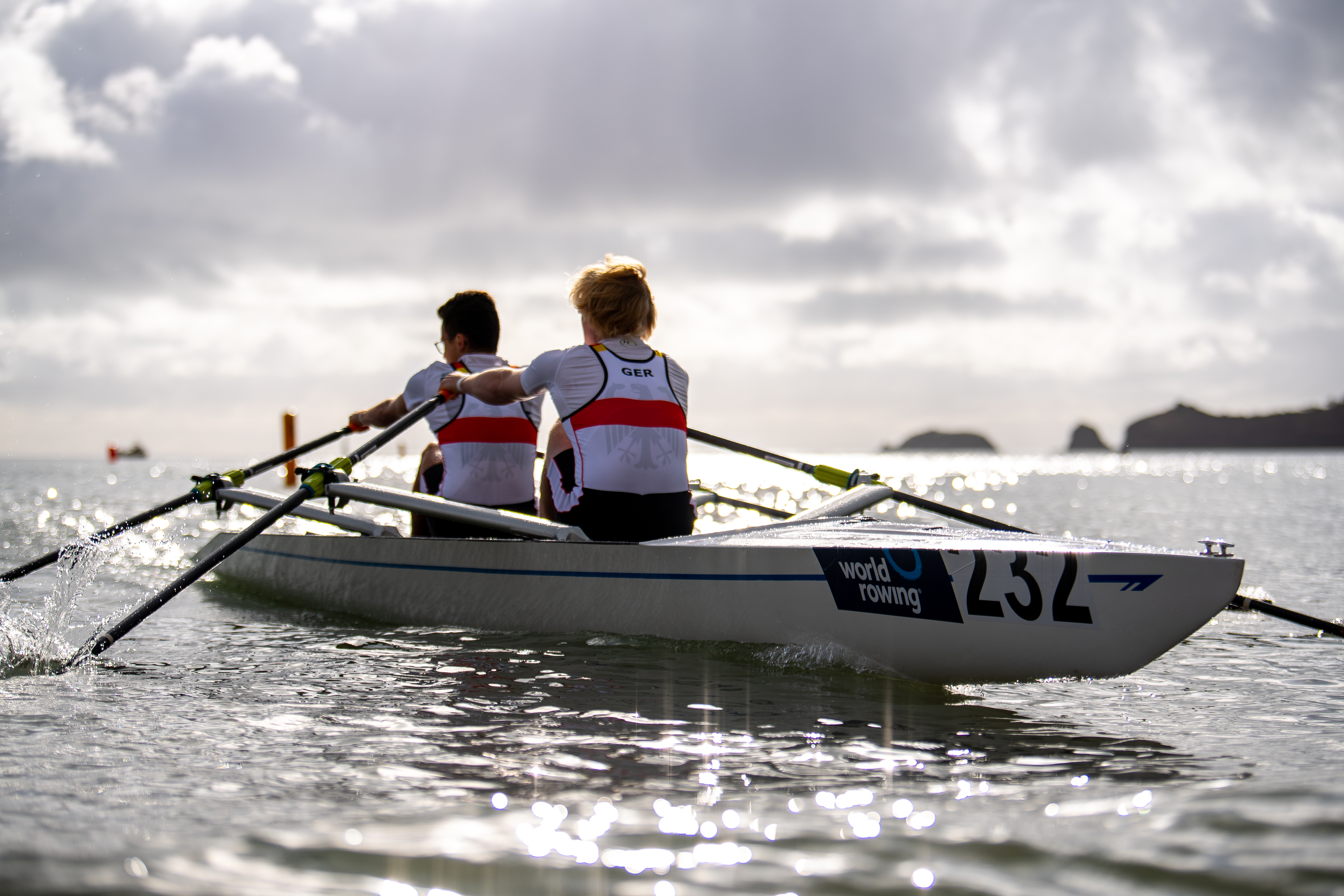 Doubles rowing in boat