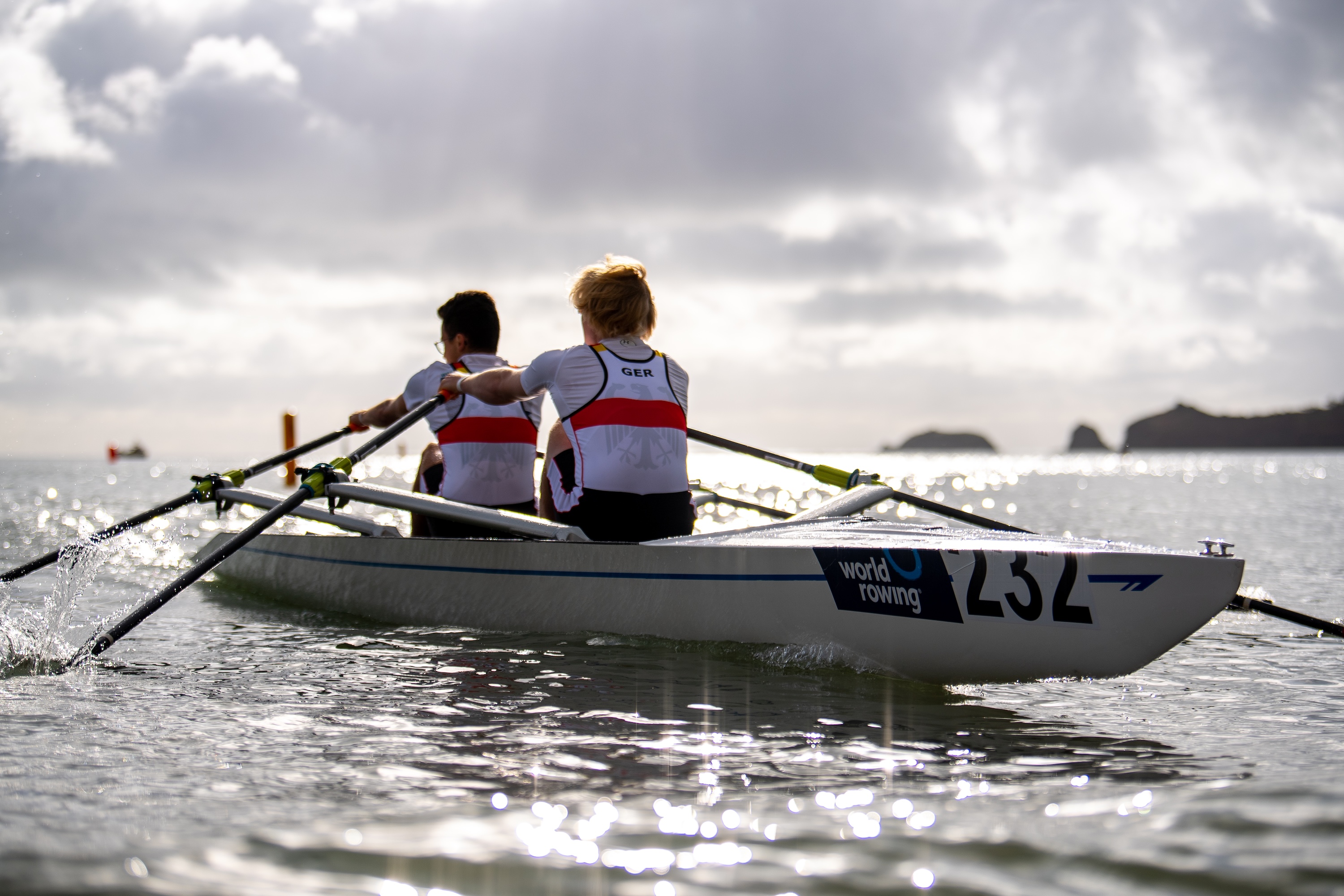 Doubles rowing in boat
