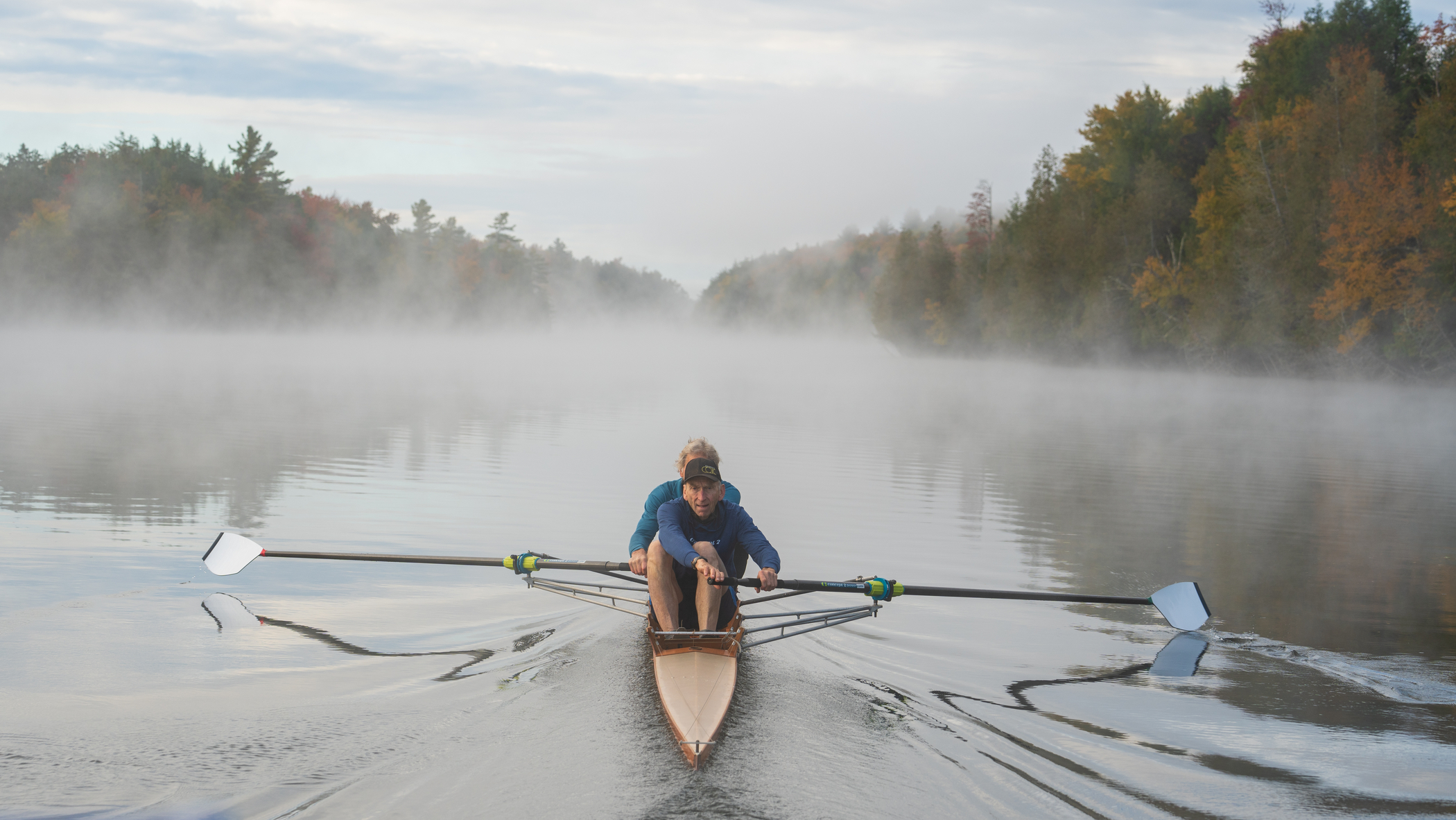 A Masters pair rowing in the mist at Crafstbury, Vermont